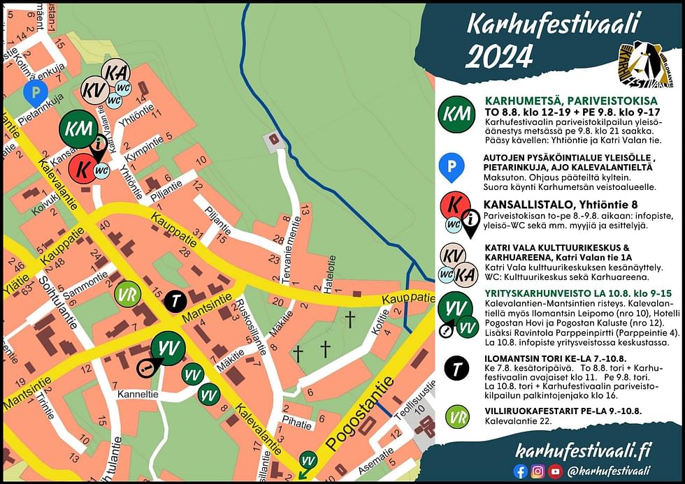 Karhufestivaalin veistotapahtuma toteutuu vuonna 2024 Karhumetsässä (KM) torstaista perjantaihin sekä ILO!YRITYS-karhunveistossa (YV) lauantaina keskustassa ja Parppeinvaaralla.